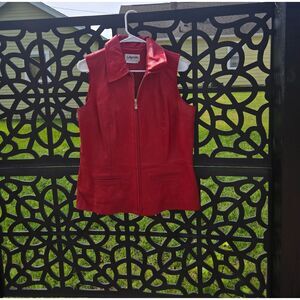 Women's Vintage Authentic Leather Red Full Zip Biker Sleeveless Vest